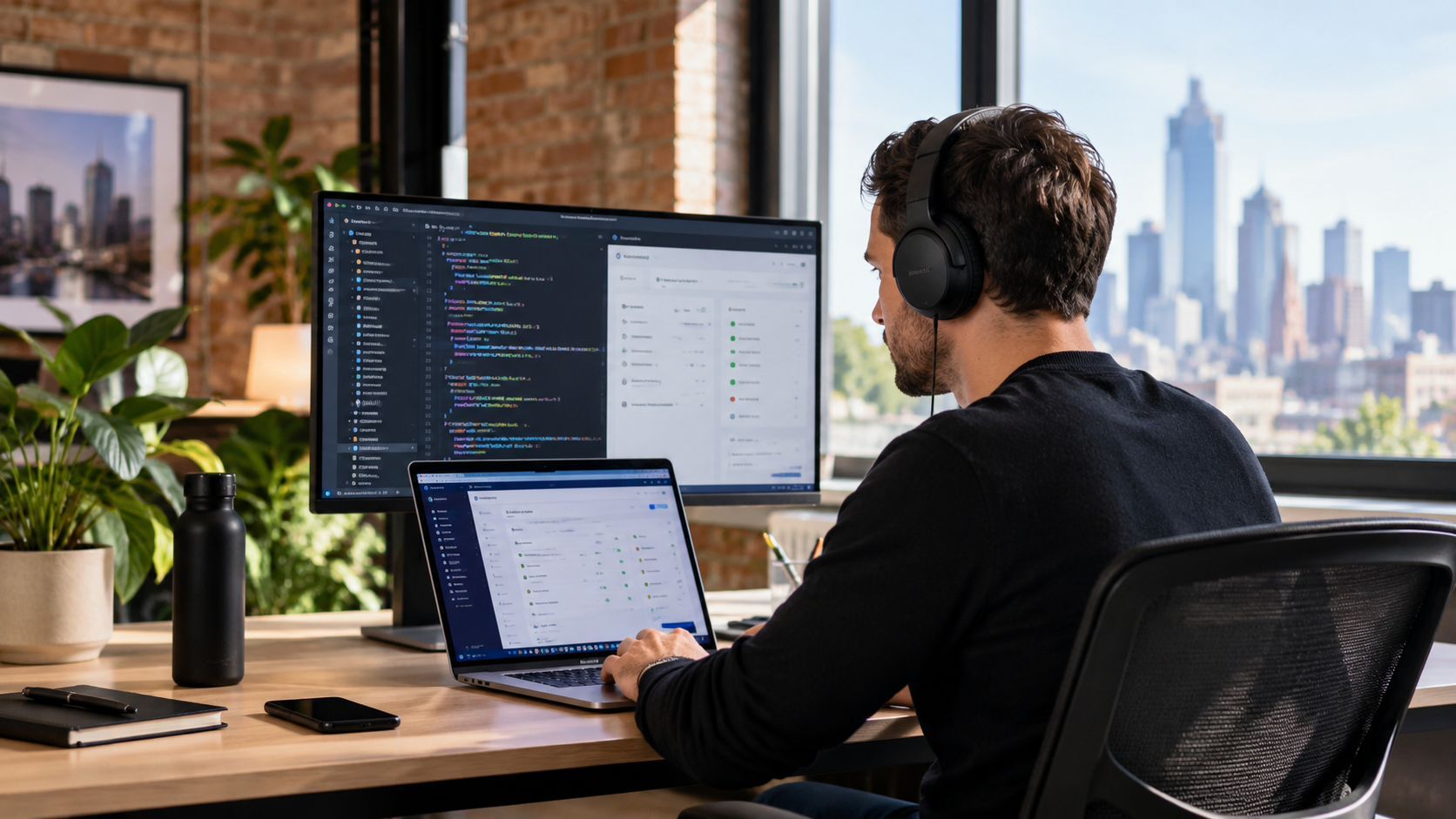Developer Coding in a Sunlit City Office