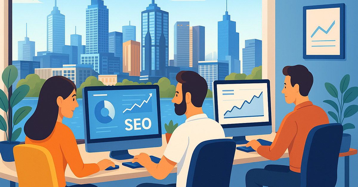 Illustration featuring Melbourne city skyline and a digital agency office with a team at computers and SEO graphs.